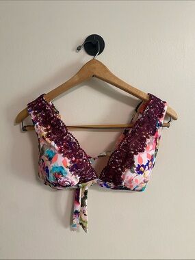 Time and Tru Coral Swim Top with Floral Edge